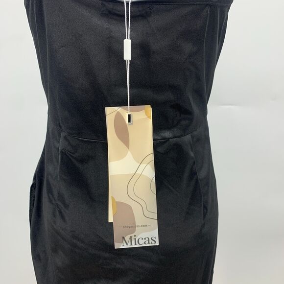 Micas Satin Draped Midi Dress Womens M Medium Black Cowl Neck Sleeveless Stretch - Picture 6 of 13